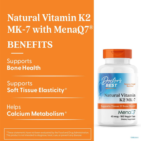 K2 MK7 45 K-2 MK-7 MenaQ7, 180 Doctor's Best Natural Vitamin Supplement for Men & Women - Bone Health Support, mcg