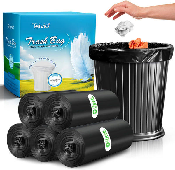 Teivio 4 Gallon Strong Trash Bags, 200 Counts, Black Garbage Bags for Bathroom, Home, Office