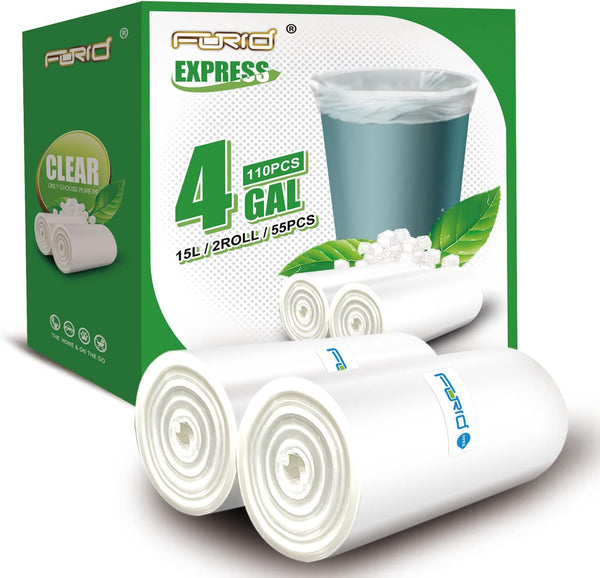 Clear Small Trash Bags, 4 Gallon Garbage Bags, 110 Count, FORID Wastebasket Bin Liners for Bathroom, Office