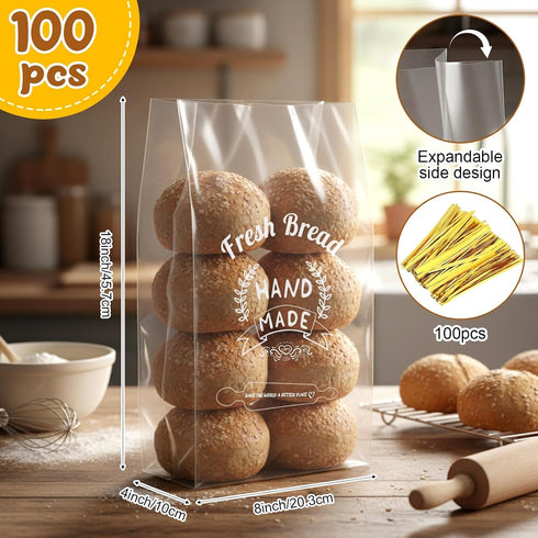 LemonSecret 100 Pack Packaging (8" 4" 18") Bread Loaf Bags for Homemade Bread with Ties Large Clear Plastic Bakery Bags