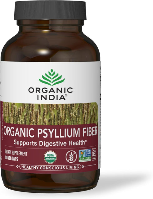 ORGANIC INDIA Psyllium Herbal Powder, Whole Husk Fiber, Keto Friendly, Vegan, Gluten-Free, 180 Capsules