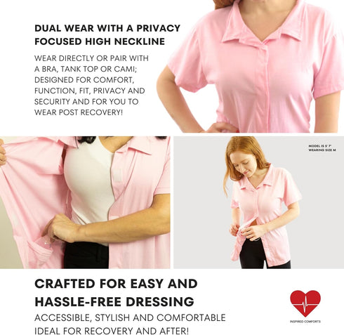 Post Op Easy Open Mastectomy Recovery Top with Pockets & Fasteners for Drains, Pink