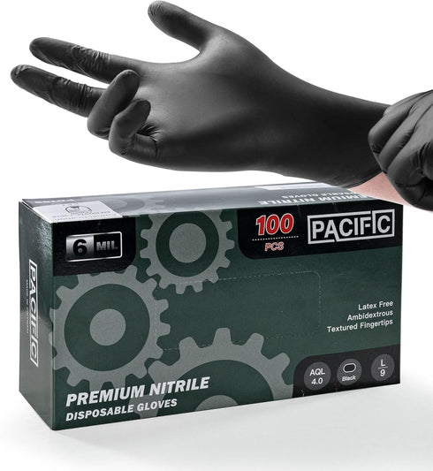 PACIFIC PPE Black Nitrile Disposable Gloves, 6 Mil, Food-Safe, Heavy-Duty, 100 Count, Large, Powder-Free