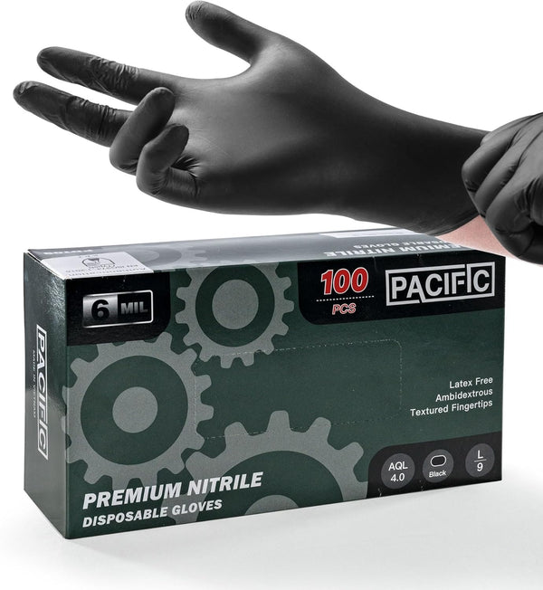 PACIFIC PPE Black Nitrile Disposable Gloves, 6 Mil, Food-Safe, Heavy-Duty, 100 Count, Large, Powder-Free