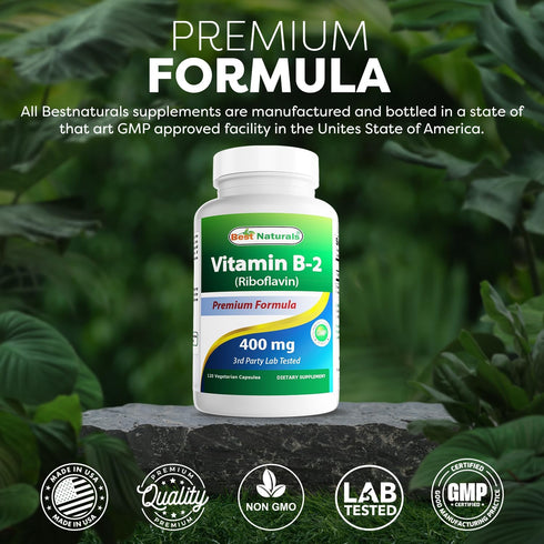 Best Naturals Vitamin B2 (Riboflavin) 400mg - Migraine Relief, Veggie Capsules, 120 Count (Pack of 2)
