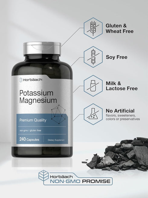 Horbaach Potassium Magnesium Supplement | 240 Capsules | Non-GMO & Gluten Free