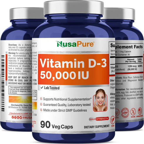 NusaPure Vitamin D3 50,000 IU, 90 Veggie Capsules, Non-GMO, Vegan.