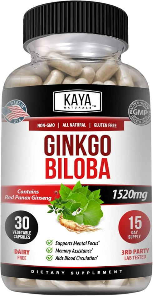 Kaya Naturals Red Panax Ginseng + Ginkgo Biloba | Nootropic Brain Supplement for Cognitive and Concentration Support