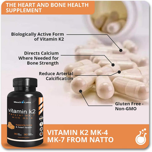 Vitamin K2 Supplement - High Strength K2 600mcg with Vitamin D - Full Spectrum K2-MK7, MK4 - Supports Bone Health - 90