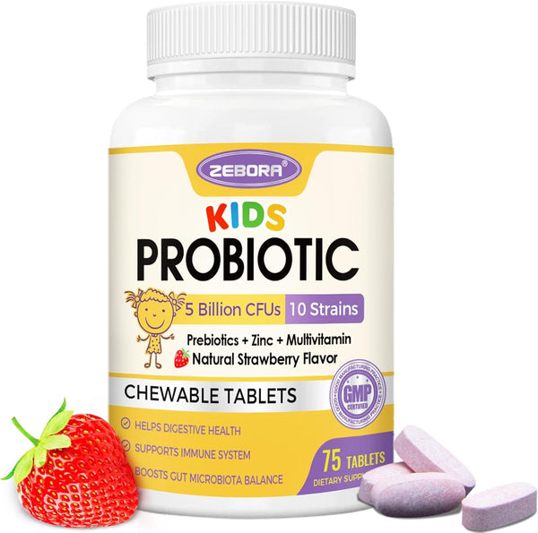 Kids Probiotic Chewables for Digestive Health with 5 Billion CFUs, Prebiotics and Probiotics for Gut Health, Immune