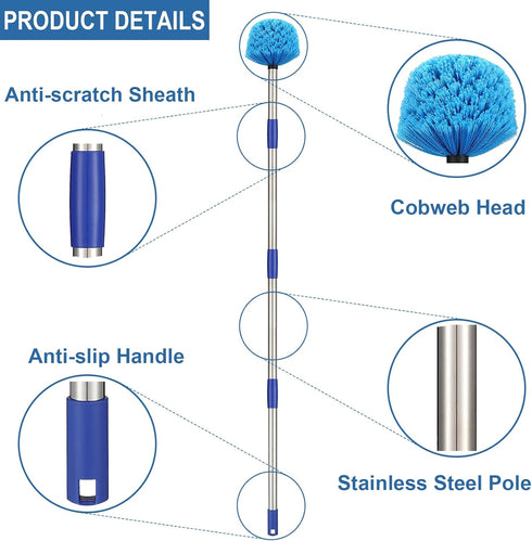Cobweb Duster with Pole, 4ft Stainless Steel Pole, Medium-Stiff Bristles for Walls and Window Screens