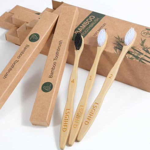 Bamboo Toothbrushes (10 Pack), BPA Free Soft Bristles, Natural Wood Bulk, Reusable Travel Toothbrushes