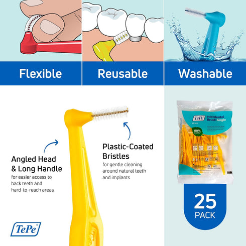 TEPE Interdental Brush Angle, Angled Dental Brush for Teeth Cleaning, Pack of 25, 0.7 mm, Medium Gaps, Yellow, Size 4