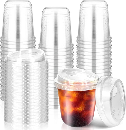 RMERVE 50 Pcs Plastic Coffee Cups with Sip Lids, Disposable Plastic PET Crystal