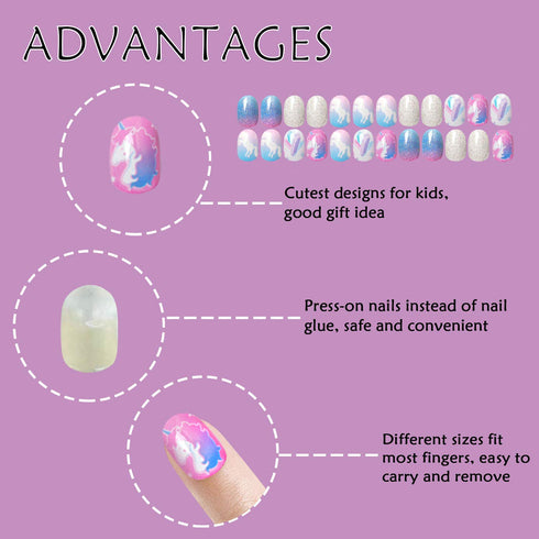 Laza 120pcs Children Nails Press On Pre-glue Full Cover Nail Tips Kit - Glitter Gradient Color Rainbow Short Artificial