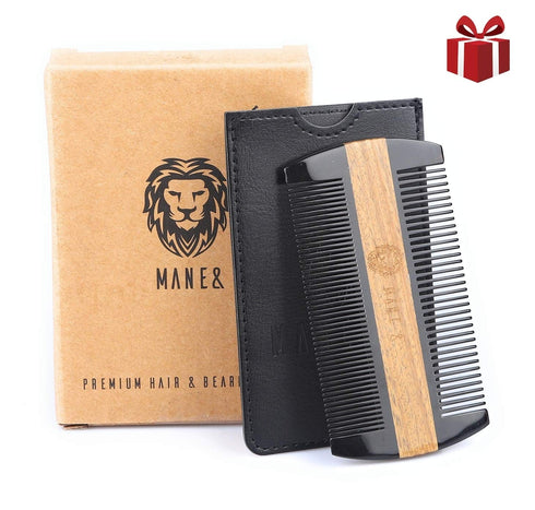 Premium Dual-Action Beard Comb, Natural Ox Horn and Sandalwood, Double Sided with Black Protective Case, Perfect