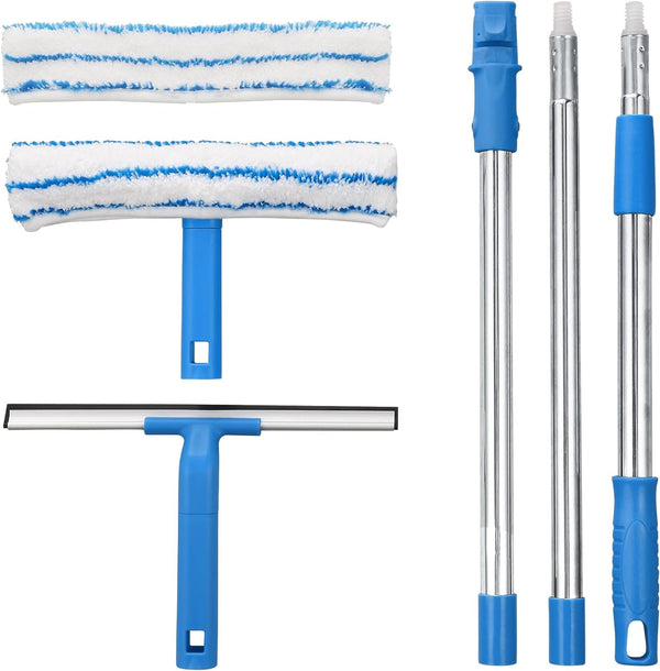 Window Cleaner with Long Handle (57IN), Glass Cleaning Tools with Microfiber Scrubber & Silicon Squeegee Kit