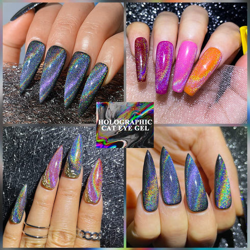 MIZHSE 10ml Universal Rainbow Cat Eye Gel Polish, Laser Holographic 9D Soak Off LED U V Nail Art Varnish with Magnetic