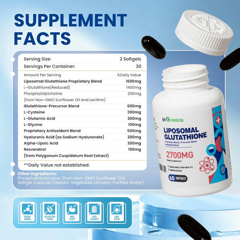 2700 MG Liposomal Glutathione Supplement, Max Absorption, Active Form L Glutathione reductase (GSH), with Hyaluronic Acid, Resveratrol, Powerful Antioxidant, Health Aging, 60 Softgels
