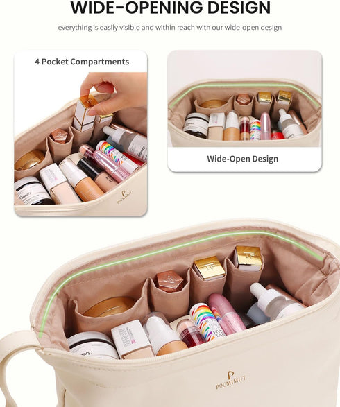 Pocmimut Leather Makeup Bag, Large Wide-open Travel Cosmetic Bag, Double Layer Toiletry Organizer Case for Brushes