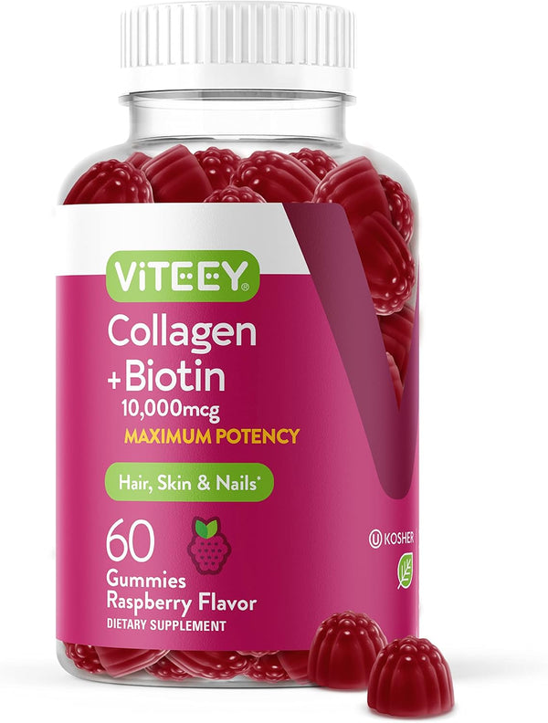 Collagen and Biotin Gummies for Hair Skin and Nails, Tasty Chewable Raspberry Flavored Gummy, for Women, Men, & Teens