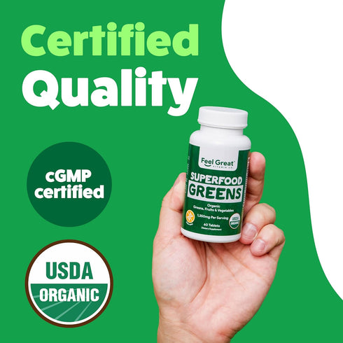 Feel Great Vitamins Super Greens Tablets, Organic Supplement with Kale, 60 Tablets