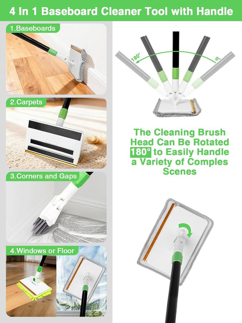 Nicecastle 4-in-1 5 1 Baseboard Cleaning Tool with Handle Reusable Pads Stiff Bristle Brush Carpet Rake for Pet Hair