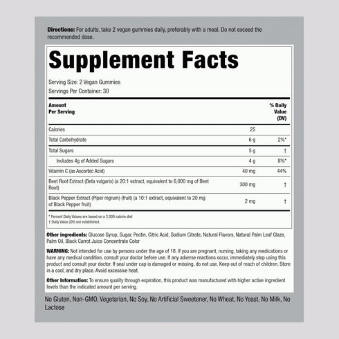 Piping Rock Beet Root Gummies, 60 Count, with Nitrates and Black Pepper Extract, Nitric Oxide Supplement, Strawberry