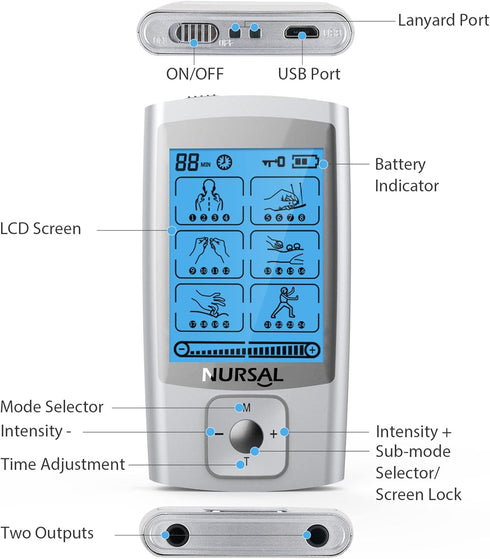 NURSAL 24 Modes TENS Unit Muscle Stimulator with 8 Pads for Back and Shoulder Pain Relief