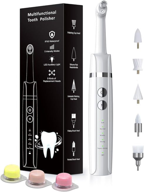 Tooth Polisher, Rechargeable Tooth Whitening Kit for Teeth Cleaning and Whitening, 3 Tooth Polish Paste and 5 Brush