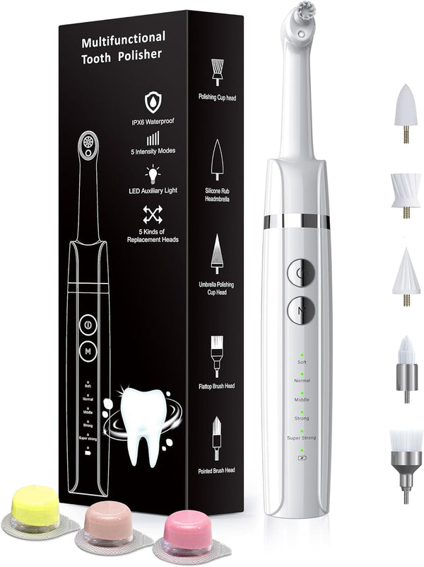 Tooth Polisher, Rechargeable Tooth Whitening Kit for Teeth Cleaning and Whitening, 3 Tooth Polish Paste and 5 Brush