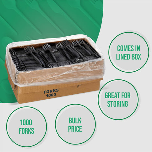 1,000 Medium Weight Plastic Disposable Forks Bulk, Black Cutlery for Parties