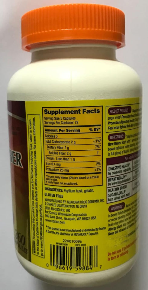 Fiber Capsules Kirkland Therapy for Regularity/Fiber Supplement, 360 capsules - Compare to the Active Ingredient in Metamucil Capsules