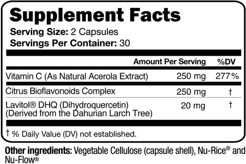 100% Natural Vitamin C from Acerola Cherry, 250 mg Citrus Bioflavonoids, 60 Capsules