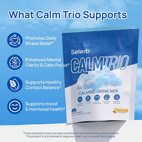 Ksm-66 D3, B6, 20 Selerb CalmTrio Magnesium Glycinate Powder Cortisol Drink Mix - No Sugar with L-Theanine