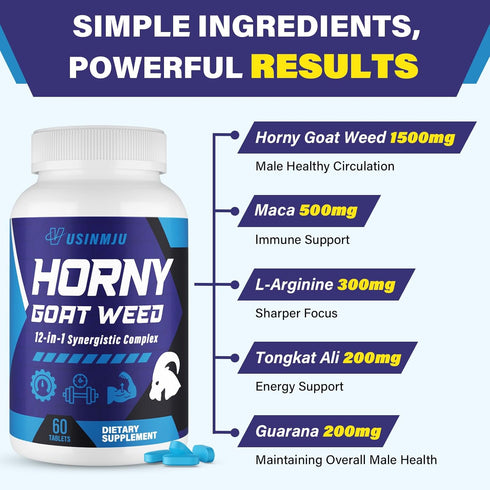 Vusinmju 12 1 1500mg 500mg 60 Hornygoatweed for Men, In Horny Goat Weed, Male Enhancing Supplement with Horny goat