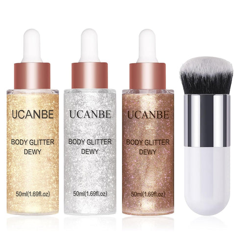 UCANBE 3 Pcs Face Body Glitter Liquid Highlighter, Illuminator Dewy Drops with Makeup Brush, 50ml/1.69oz x 3