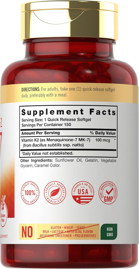 Carlyle Vitamin K2 MK7 100 mcg | 150 Softgels | Non-GMO, Gluten Free Supplement