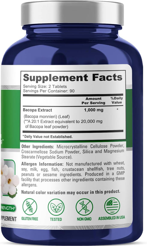 NusaPure Bacopa Leaf Monnieri Extract - 20,000 mg, 180 Tablets (Extract 20:1, Non-GMO)