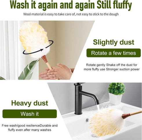 Lambswool Duster (2PCS) - 15.9 Inch Handheld Wooden Wool Duster for Cleaning Windows, Blinds, and Furniture