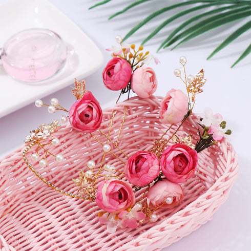 Lurrose 4pcs Clip Decorations for Hairpins, Rhinestone Floral Headwear, Pink Crystal Gold Clips for Women