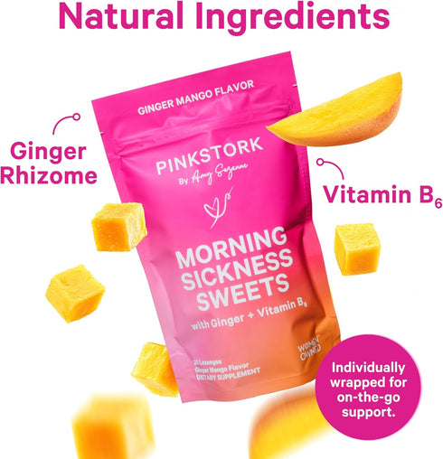 Pink Stork Morning Sickness Sweets, Organic Mango Ginger Candy with Vitamin B6 - 30 Wrapped Drops