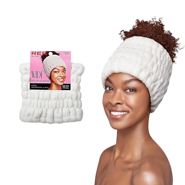 Red by Kiss Extra Wide Spa Headband, Soft Plush Fleece for Full Hairline Coverage, One Size Fits All (White).