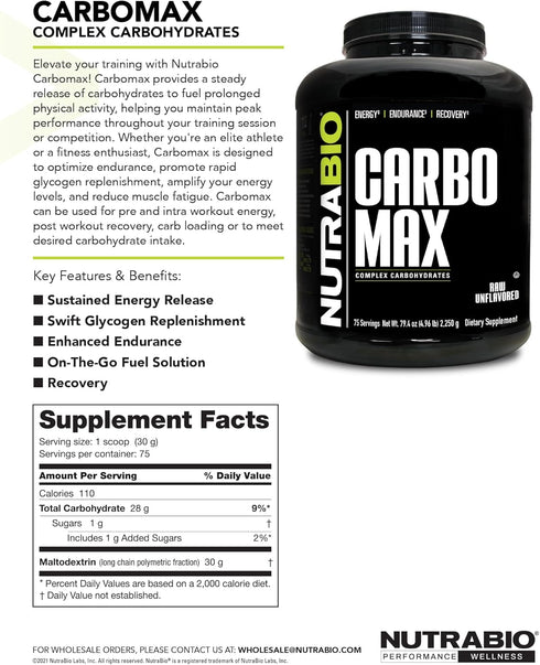 NutraBio CarboMax Maltodextrin, Complex Carbohydrate Powder for Sustained Energy, Unflavored, 5 Pounds