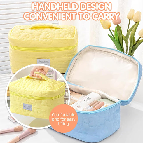 Floral Makeup Case, Large Capacity Quilted Toiletry Bag with Cotton Inserts, Daily Travel Organizer (Pink)