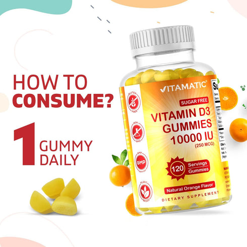 Vitamatic Sugar Free Vitamin D3 10000 IU - 120 Pectin Based Gummies - Great Taste, Healthy Bones & Immune Function