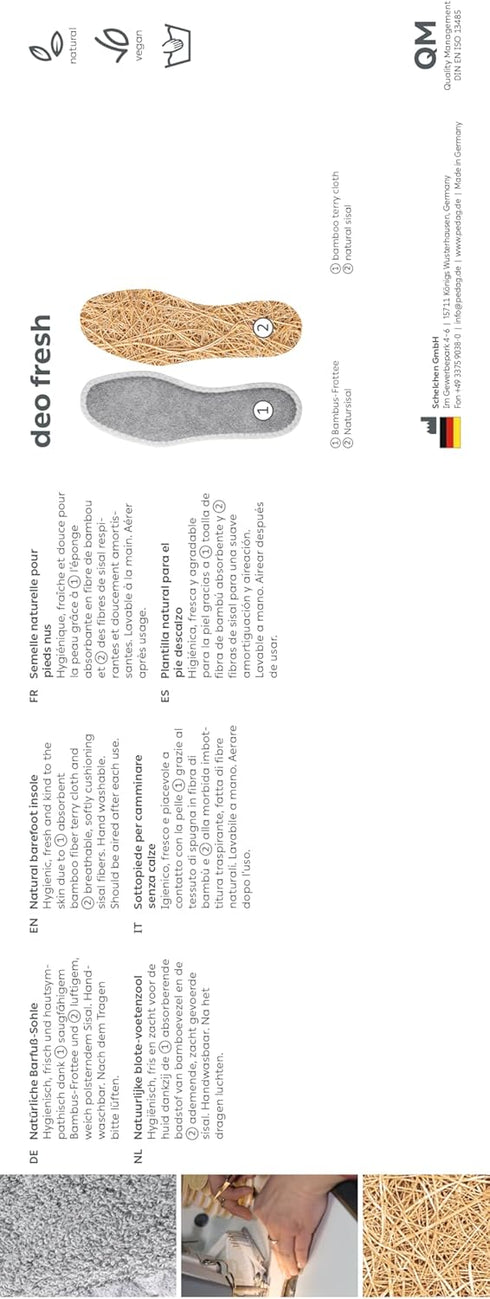 pedag Deo Fresh Natural Terry Cloth & Sisal Insoles, Handmade in Germany, Fully Washable, Grey, US W13 M10 / EU 43,