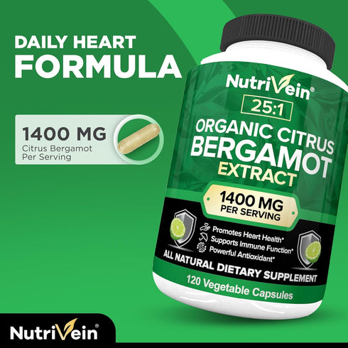 Nutrivein Organic Citrus Bergamot 25:1, 1400 mg, 120 Capsules, Heart Health in Men and Women, 60 Day Supply