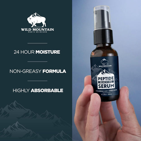 Wild Mountain Peptide Face Serum for Men, Hydrating Hyaluronic Acid & Collagen Boosting Amino Acids, 1 oz
