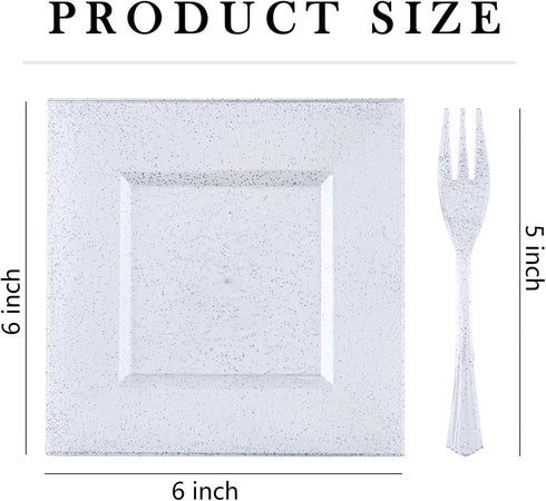 DaYammi 100 Pcs Silver Glitter Dessert Plates 6" with Plastic Forks 5.7",Silver Glitter Plastic Square Plates for 50 Guests,Fancy Gold Plates, Including 50 6" Plastic Plates and 50 5.7" Plastic Forks by DaYammi